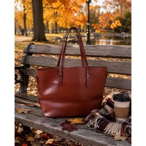 Brown Cognac Vegan Leather Large Tote Bag with Zipper Pockets Minimalist Office